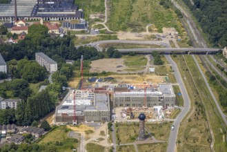 Aerial view, construction site with new building at the former Wedau marshalling yard for a new