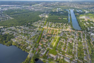 Aerial view, Duisburg-South with railway workers' housing estate Wedau, regatta course, sports park