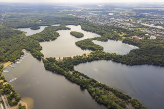 Aerial view, Sechs-Seen-Platte and outdoor swimming pool Wolfssee with sandy beach, Wedau,