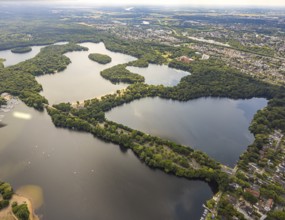Aerial view, Sechs-Seen-Platte and outdoor swimming pool Wolfssee with sandy beach, Wedau,