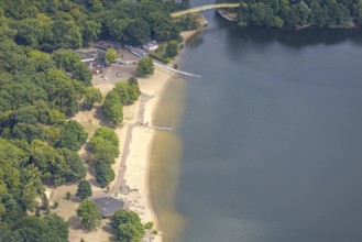 Aerial view, outdoor swimming pool Wolfssee with sandy beach at the Sechs-Seen-Platte, Wedau,
