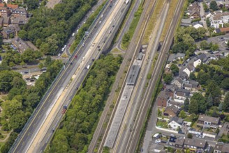Aerial view, S-Bahn station platform Duisburg-Buchholz Südstraße and motorway A59 with green strip