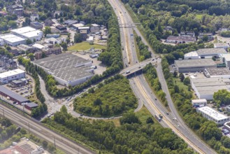Aerial view, A59 motorway and Großenbaum junction, Altenbrucher Damm bridge, Albert-cock-Straße