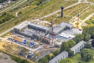 Aerial view, construction site with new building at the former Wedau marshalling yard for a new