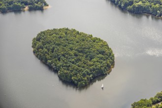 Aerial view, wooded island in the Wildförstersee and sailing boat at the Sechs-Seen-Platte, Wedau,