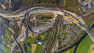 Aerial view, motorway junction Kaiserberg with motorway A3 and motorway A40, bridge construction