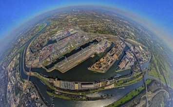 Aerial view, duisport harbour, harbour area with steel island, oil island, coal island container