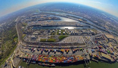 Aerial view, duisport harbour, harbour area with steel island, oil island, coal island container
