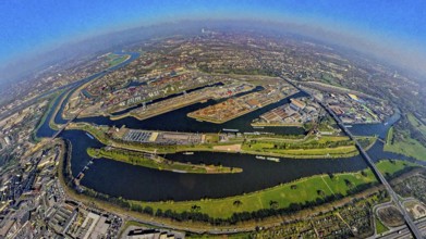 Aerial view, duisport harbour, harbour area with steel island, oil island, coal island container