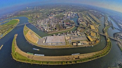 Aerial view, duisport harbour Duisburg, district Ruhrort, Vinckekanal forwarding island and