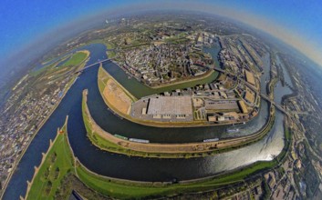 Aerial view, duisport harbour, view of Ruhrort, Duisburg harbour area with Mercatorinsel and