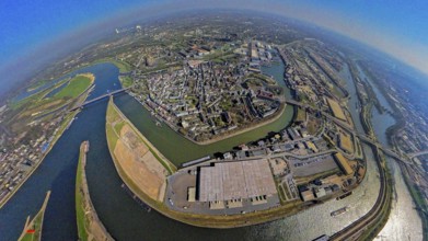 Aerial view, duisport harbour, view of Ruhrort, Duisburg harbour area with Mercatorinsel, river