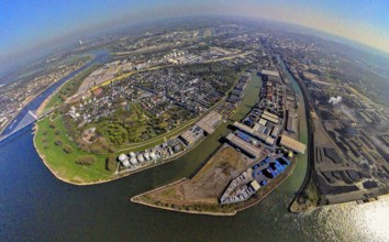 Aerial view, Neuenkamp parallel harbour and outer harbour, river Rhine, earth globe, fisheye image,