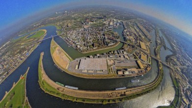 Aerial view, duisport harbour, view of Ruhrort, Duisburg harbour area with Mercatorinsel and