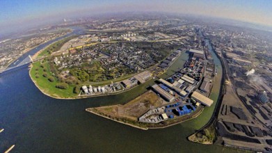 Aerial view, Neuenkamp parallel harbour and outer harbour, river Rhine, earth globe, fisheye image,