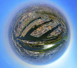 Aerial view, duisport harbour, harbour area with steel island, oil island, coal island container