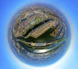 Aerial view, duisport harbour, harbour area with steel island, oil island, coal island container