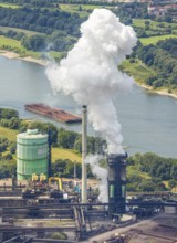Aerial view, Hüttenwerke Krupp Mannesmann HKM, gasometer and river Rhine, smoke cloud, Hüttenheim,