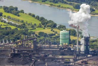 Aerial view, Hüttenwerke Krupp Mannesmann HKM, gasometer and river Rhine, smoke cloud, Hüttenheim,