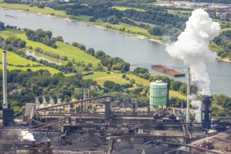 Aerial view, Hüttenwerke Krupp Mannesmann HKM, gasometer and river Rhine, smoke cloud, Hüttenheim,