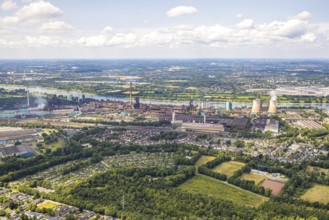 Aerial view, Hüttenwerke Krupp Mannesmann HKM, cooling towers, river Rhine and distant view to LSG