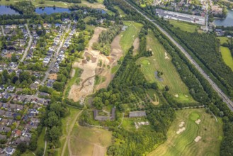 Aerial view, golf club and golf course Huckingen Südplatz, golf meadow and bunker, fallow land and