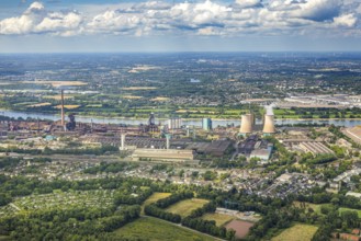 Aerial view, Hüttenwerke Krupp Mannesmann HKM, cooling towers, river Rhine and distant view to LSG
