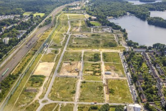 Aerial view, construction site of the former Wedau marshalling yard for the new Duisburg