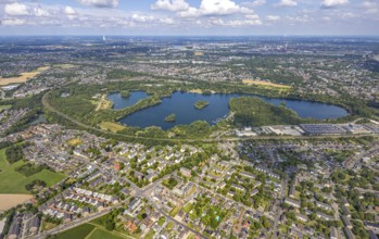 Aerial view, Toeppersee and Tegge with water skiing and leisure facilities, surrounded by housing