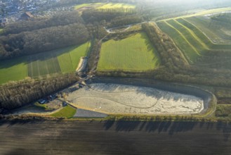 Aerial view, construction work on the flood retention basin near the Sundern slag heap, Pelkum
