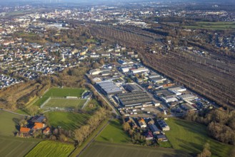 Aerial view, goods station, view of Daberg district with Schieferstraße industrial estate, TuS
