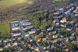 Aerial view, meadow area Am Damm, industrial estate Auf Börgers Hof, Pelkum district, Hamm, Ruhr