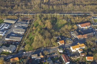 Aerial view, meadow area Am Damm, industrial estate Auf Börgers Hof, Pelkum district, Hamm, Ruhr