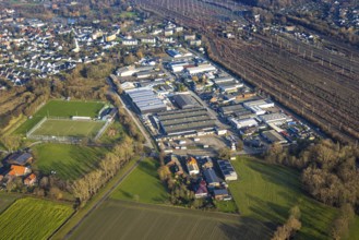 Aerial view, goods station, view of Daberg district with Schieferstraße industrial estate, TuS