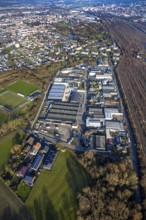 Aerial view, goods station, view of Daberg district with Schieferstraße industrial estate, TuS