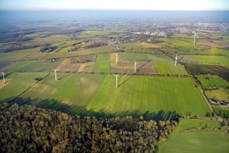 Aerial view, wind turbines Ennigerberg wind turbine, meadows and fields, Heessen district, Hamm,