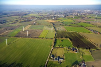 Aerial view, wind turbines Ennigerberg wind turbine, meadows and fields, Heessen district, Hamm,