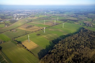 Aerial view, wind turbines Ennigerberg wind turbine, meadows and fields, Heessen district, Hamm,