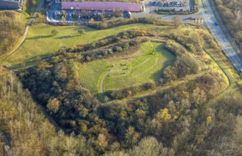 Aerial view, Panoramahalde Park and woodland with cross, Heessen district, Hamm, Ruhr area, North