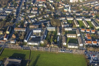 Aerial view, construction site with new residential buildings on Holstenstraße, Apostelkirche,