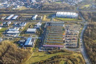 Aerial view, OBI Markt Hamm Bauamrkt with green roof, behind eurobahn GmbH & Co. KG - Hamm-Heessen