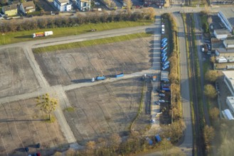 Aerial view, lorry container site and bus parking area Zentralhallen Ökonomierat-Peitzmeier-Platz,