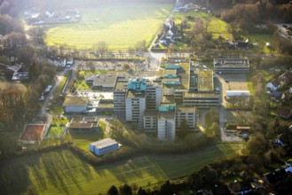 Aerial view, Berufsförderungswerk Hamm educational institution with construction site in the fog,