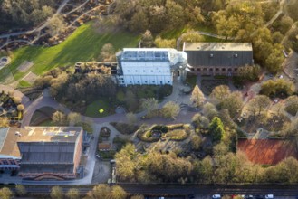 Aerial view, glass elephant in Maximilianpark leisure park, entrance area, Uentrop, Hamm, Ruhr