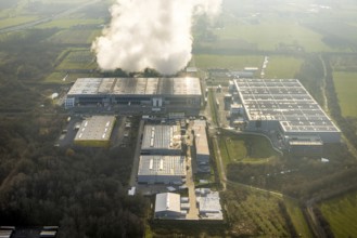 Aerial view, Trianel Gaskraftwerk Hamm GmbH with smoke clouds, Uentrop, Hamm, Ruhr area, North