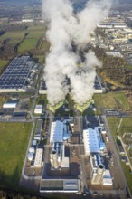 Aerial view, Trianel Gaskraftwerk Hamm GmbH with smoke clouds, Uentrop, Hamm, Ruhr area, North