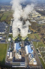 Aerial view, Trianel Gaskraftwerk Hamm GmbH with smoke clouds, Uentrop, Hamm, Ruhr area, North
