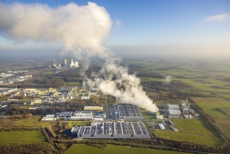 Aerial view, Trianel Gaskraftwerk Hamm GmbH with smoke clouds, behind the RWE power plant