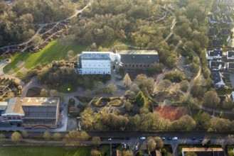 Aerial view, glass elephant in Maximilianpark leisure park, entrance area, Uentrop, Hamm, Ruhr