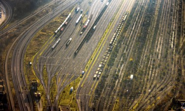 Aerial view, freight station with tracks in fog with backlight, Pelkum district, Hamm, Ruhr area,